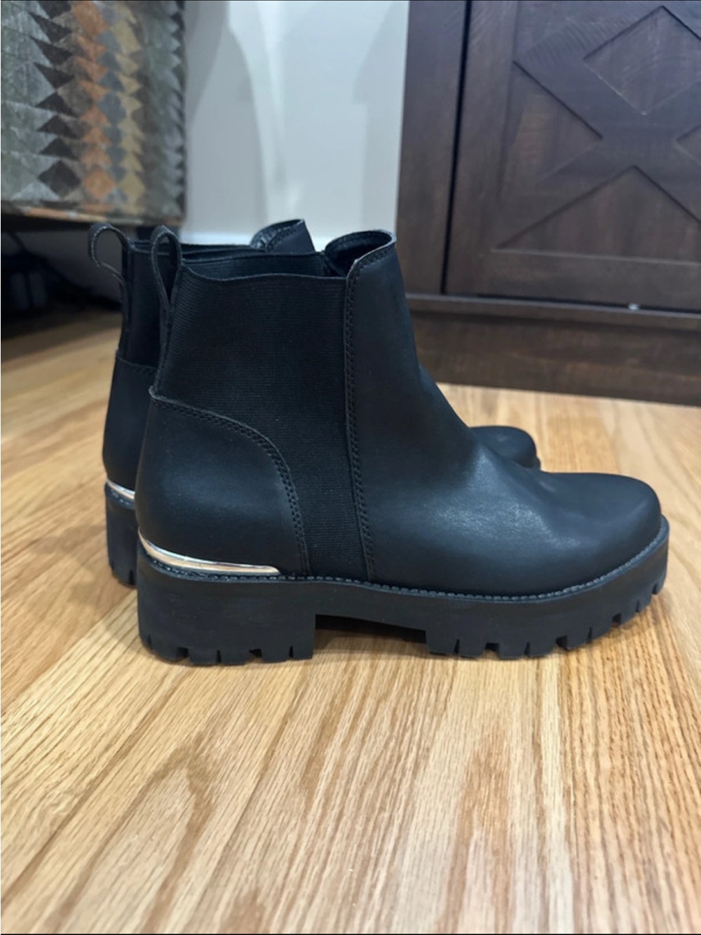Steve Madden Black Baylee Lug Heel Ankle Boots with Metallic Accent